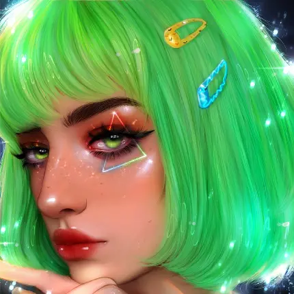 دانلود تصویر زمینه نقاشی دیجیتال دخترونه با موهای سبز