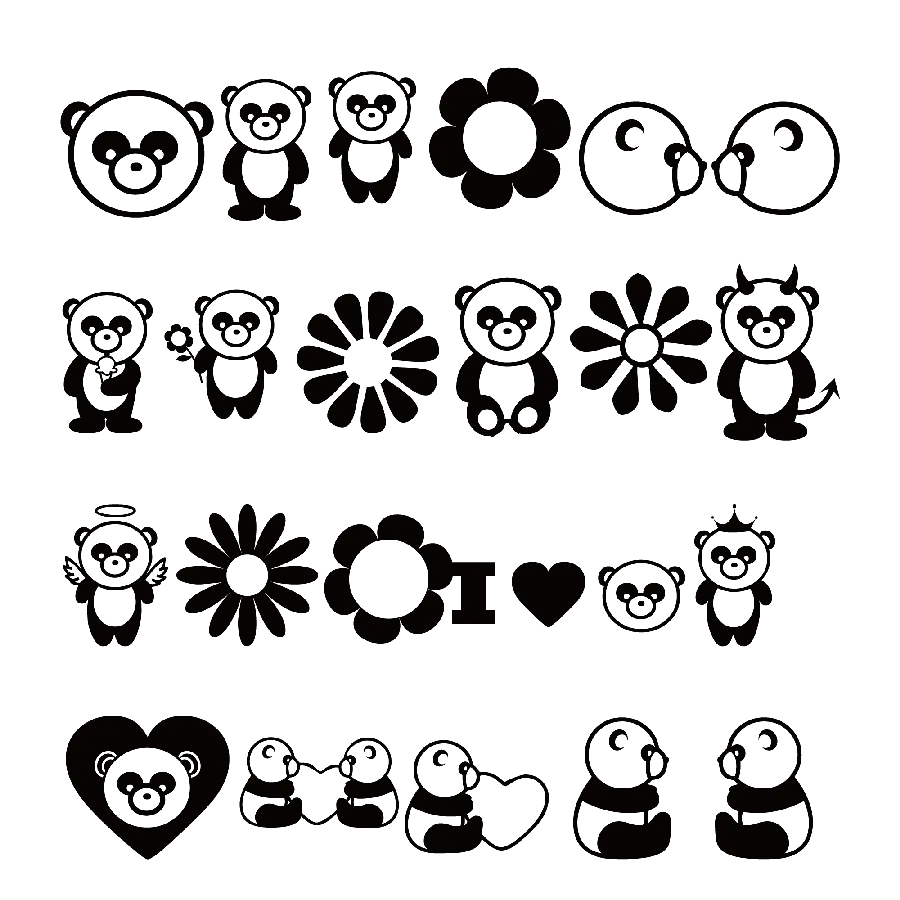 عکس نقاشی چند مدل پاندا در یک تصویر برای طراحی تاتو PNG