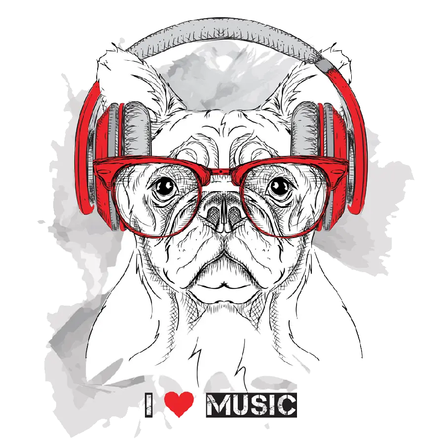 تصویر پس زمینه نقاشی سگ با متن l love music 