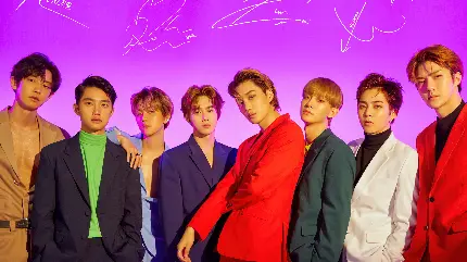 عکس گروه موسیقی EXO با پس زمینه بنفش کیفیت 5K