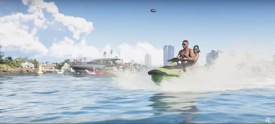تصویر شخصیت جیسون دوال در حال اسکی روی آب در بازی GTA 6 با کیفیت Full HD