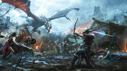 عکس بازی The Elder Scrolls با صحنه نبرد اژدها و کیفیت 4K