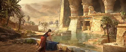 عکس هنری معبد و آب در سبک فانتزی با دختر و نخل های مصری