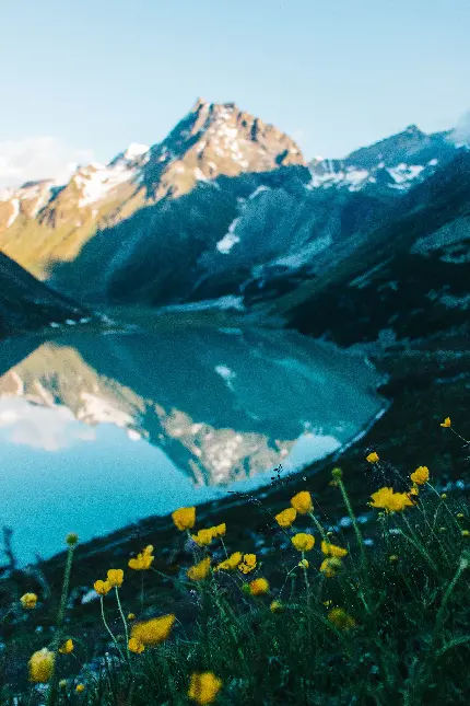 تصویر صبحگاهی روی دریاچه آلپاین با کیفیت بالا برای تابلو دیواری