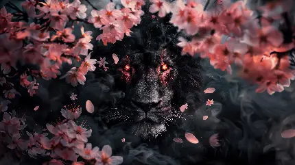 عکس شیر با افکت شکوفه های گیلاس و دود با کیفیت 4K و رزولوشن 5120x2880