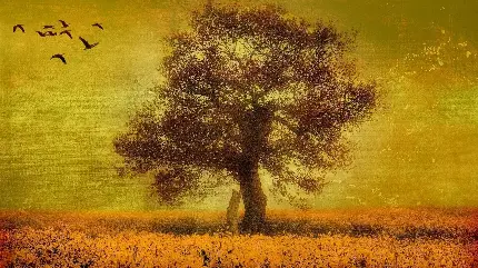عکس هنری درخت بلوط پاییزی نقاشی شده