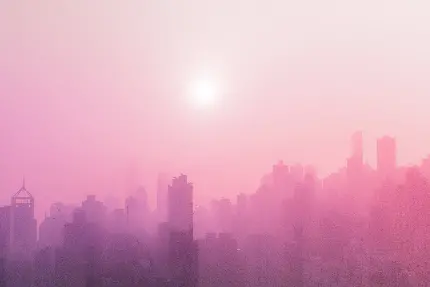 عکس شهر با مه صورتی و طلوع آفتاب کیفیت 5K