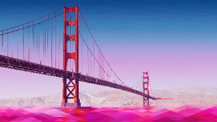 عکس پل گلدن گیت با رنگ صورتی در غروب آفتاب