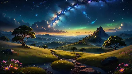 تصویر آسمان پرستاره با کیفیت 4K و منظرۀ شب