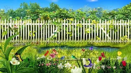 عکس منظره بهاری با دروازه رنگارنگ و طبیعت سرسبز