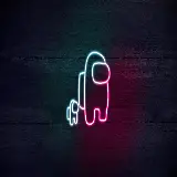 تصویر بازی Among Us با تم نئون و پس زمینه چوبی تاریک