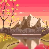 تصویر زمینه پیکسلی طبیعت با کوهستان و دریاچه برای دسکتاپ
