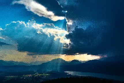 پوستر دیواری پرتوهای خورشید در کوهستان