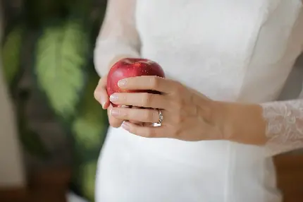 پس زمینه سیب سرخ و تازه در دست عروس با بهترین کیفیت