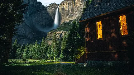 دانلود تصویر زمینه از کلبه زیبا و آبشار بی نظیر برای ویندوز 11