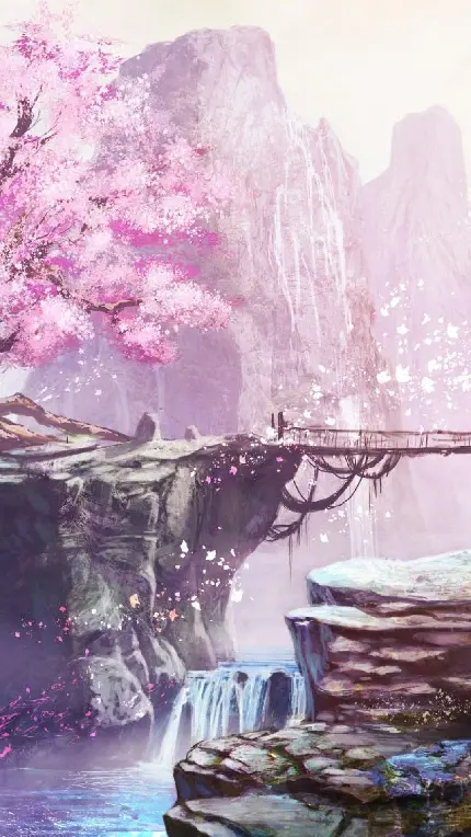پس زمینه شکوفه های گیلاس با منظره نقاشی شده آبشار زلال