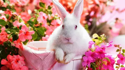 عکس خرگوش خانگی سفید در میان گل های صورتی با بهترین کیفیت