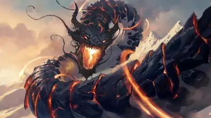 تصویر اژدهای عظیم الجثه ترسناک با آتش درون و بدنی بزرگ و داغ