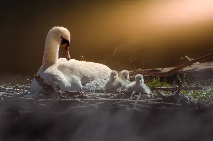 تصویر زمینه بسیار زیبا از پرنده قو و بچه هایش در لانه