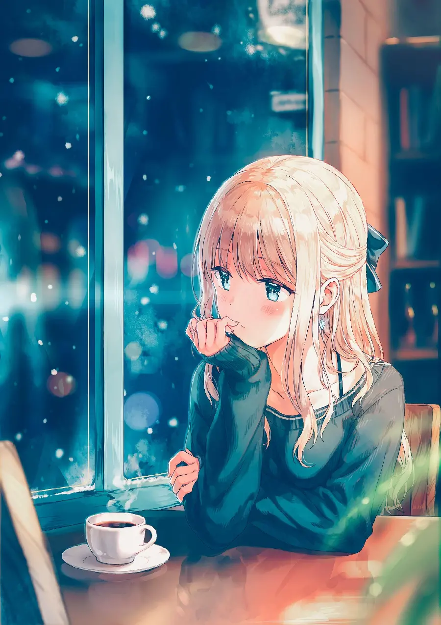 دانلود عکس پروفایل خوشگل انیمه ای دختر غمگین و مو طلایی کنار پنجره با قهوه