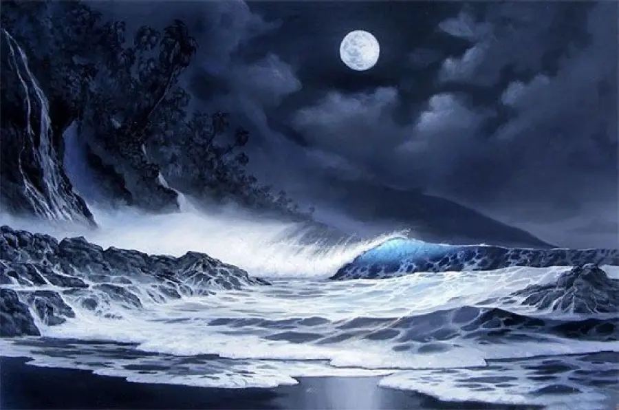 دانلود تصویر نقاشی قشنگ از امواج خروشان اقیانوس در شب با وجود ماه در آسمان بسیار مناسب برای بک گراند