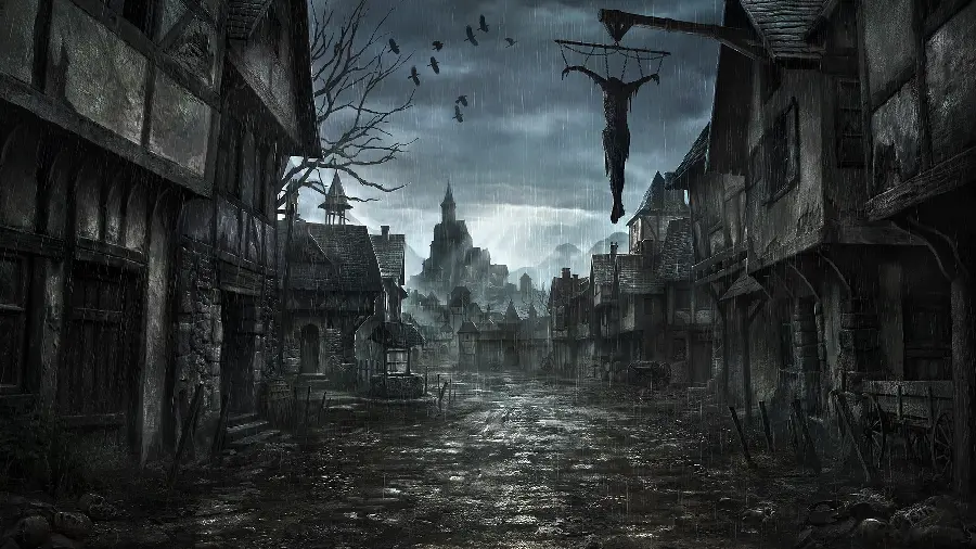 دانلود تصویر نقاشی دیجیتال با طرح روستای تاریک و ترسناک