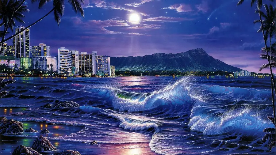 دانلود تصویر دیجیتالی زیبا از امواج اقیانوس درشب زیر نور ماه و با پس زمینه کوه و شهر با تم آبی و بنفش بسیار مناسب برای پروفایل و والپیپر