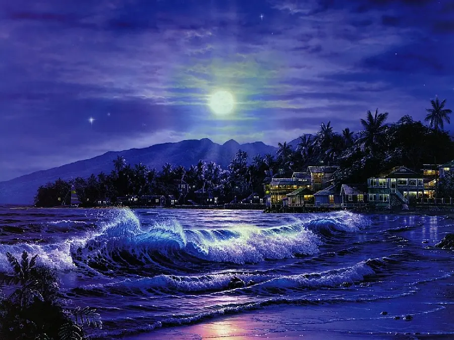 دانلود نقاشی دیجیتالی فوق العاده زیبا با تم آبی و بنفش از امواج بلند اقیانوس در شب زیر نور ماه در نزدیکی یک شهر و با پس زمینه درختان نخل با کیفیت اصلی