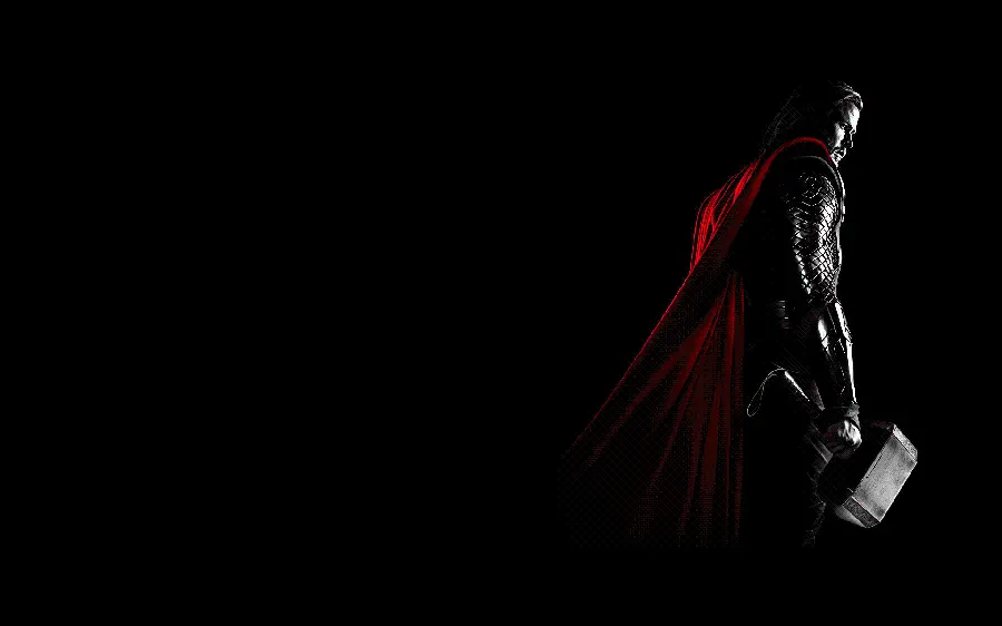 پس زمینه کاراکتر ابر قهرمان ثور با اسلحه اش با بک گراند مشکی برای ویندوز 11