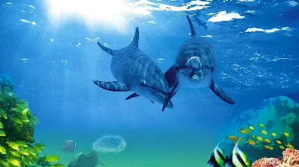 عکس بسیار زیبای ماهی های اقیانوس و دو دلفین