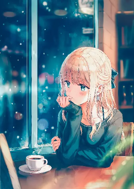 دانلود عکس پروفایل خوشگل انیمه ای دختر غمگین و مو طلایی کنار پنجره با قهوه