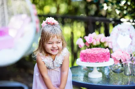 تصویر زمینه بسیار زیبا از دختر کوچولوی خندان در مراسم تولدش و در کنار کیک صورتی رنگش