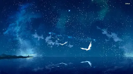 عکس دیجیتالی شاهکار با طرح پرواز پرندگان در شب پر ستاره بر فراز اقیانوس آبی مناسب زمینه لپتاپ