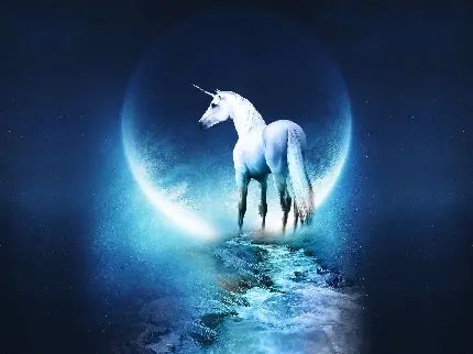 تصویر اسب تک شاخ سفید و زیبا در نور هلال ماه