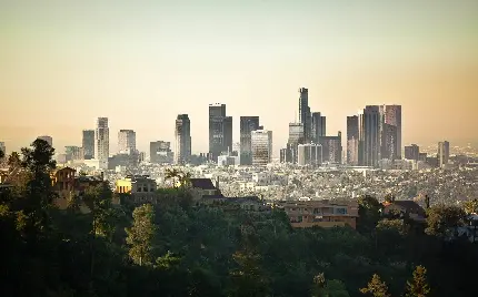 تصویر زمینه مرکز شهر لس آنجلس با ساختمان های بلند اداری و تجاری