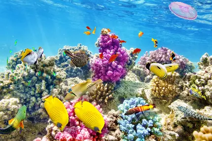 عکس ترکیب زیبای صخره مرجانی رنگارنگ در دریا