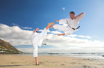 تصویر استوک مبارزه کاراته کاران و ضربه یته پرنده معروف با کیفیت بالا