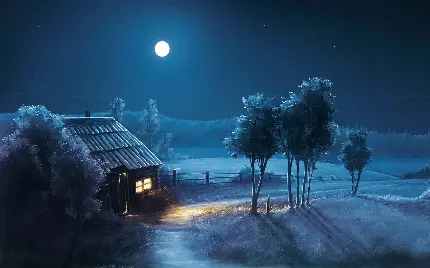 والپیپر آسمان صاف با ماه و ستاره درخشان و کلبه ای دنج برای دسکتاپ