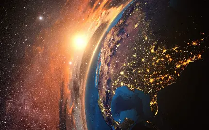 دانلود تصویر چشمگیر کره زمین در راستای دیگر سیاره ها و خورشید برای پس زمینه کامپیوتر با کیفیت Full HD