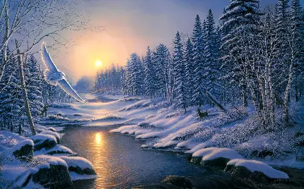 عکس و تصویر فانتزی و نقاشی از فصل زمستان در جنگل و غروب آفتاب  