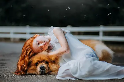 عکس خوشگل از دختری مو حنایی با سگ حنایی رنگش full HD
