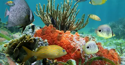تصویر صخره مرجانی نارنجی و سبز به همراه ماهی ها