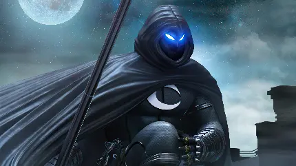 تصویر پس زمینه مون نایت Moon Knight شوالیه ماه با چشم های آبی مناسب دسکتاپ لپ تاپ