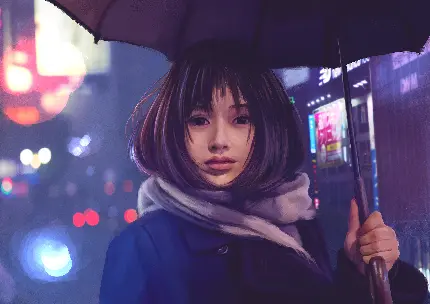 عکس پروفایل دختر کره ای زیبا و قشنگ در شب بارانی و چتر به دست