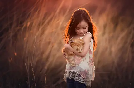 عکس پس زمینه بسیار زیبا از دختربچه کیوت با خرگوش ناز در بغلش