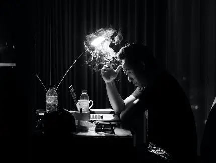 عکس پروفایل مفهومی هنری و بدون متن متفکرانه و سنگین مرد در حال سیگار کشیدن