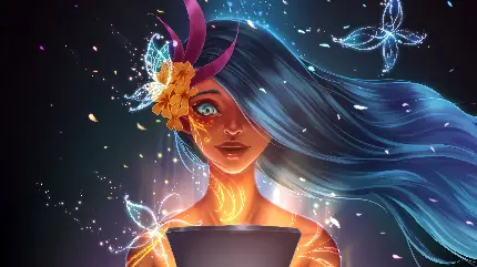 دانلود تصویر نقاشی دیجیتالی دختر با موهای آبی و بلند برای پروفایل