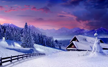 عکس با تم زمستانی دیدنی و زیبا 2022 با طرح کلبه های زیبا و برفی