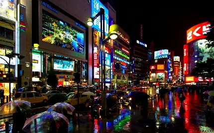 والپیپر خیابان پر جنب و جوش در توکیو در شبی بارانی و شلوغ