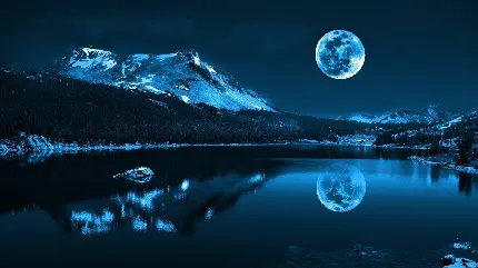 عکس عالی از کوهستان در شب به همراه ماه کامل و درخشان